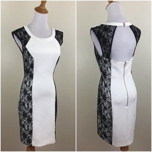 GUESS White Black Lace Insert Open Back Hourglass Silhouette Slimming Look Dress